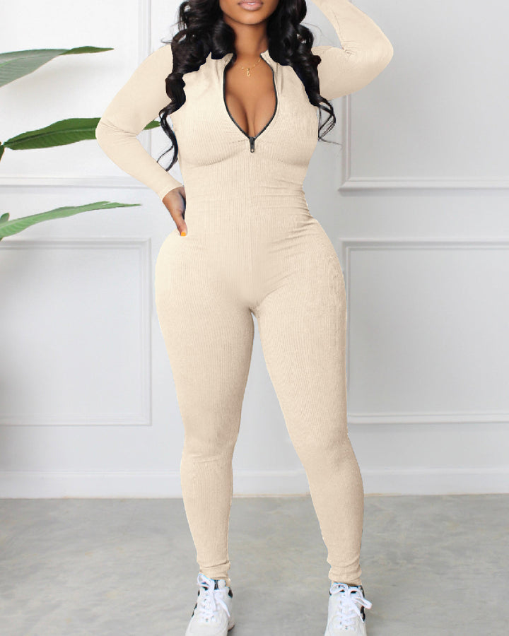 Damen Gerippter Jumpsuit mit Langen Ärmeln und Reißverschluss