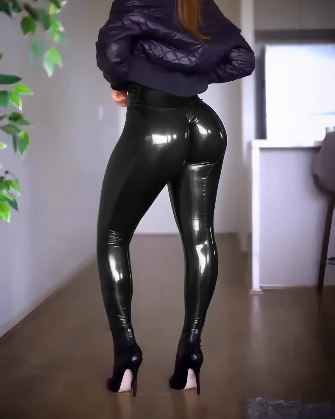 Shapshe® Hoch taillierte Po Lifter Leggings aus glänzendem Kunstleder Leder Hosen