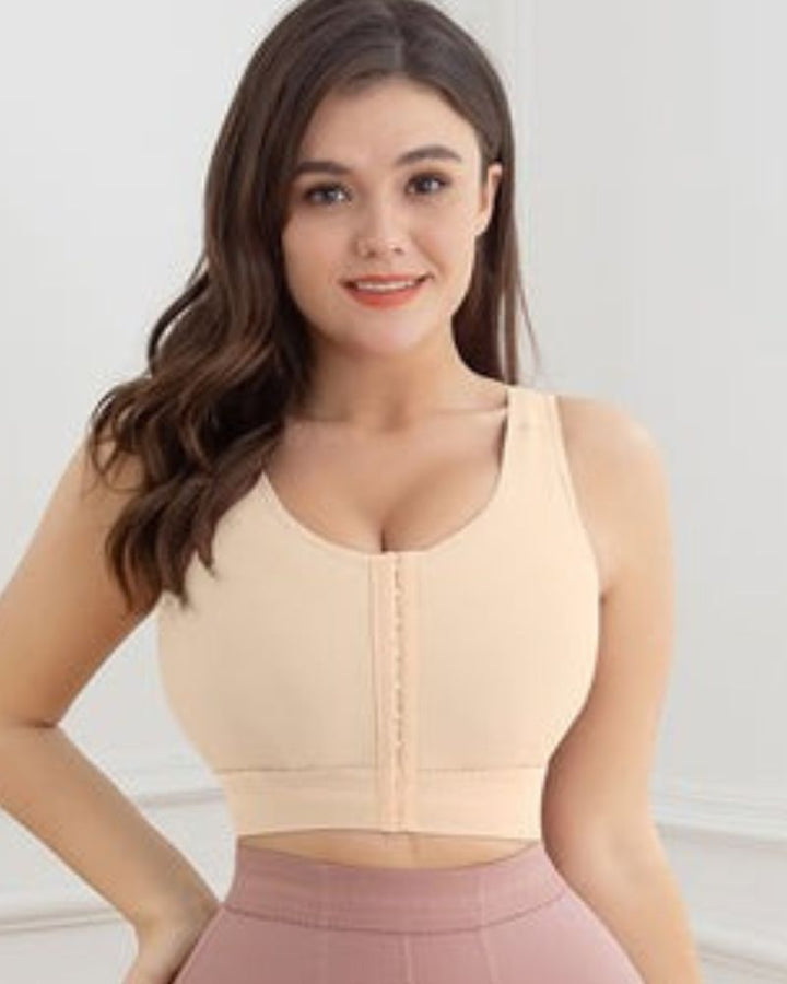 Shapshe® Damen Sport-BH mit Vorderverschluss ohne Bügel gepolsterte Unterstützung Workout bauchfrei Beige