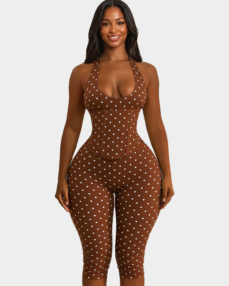 Sanduhrfigur-Figurformer Taillenformer gepunkteter Capri-Jumpsuit zweiteiliges Set