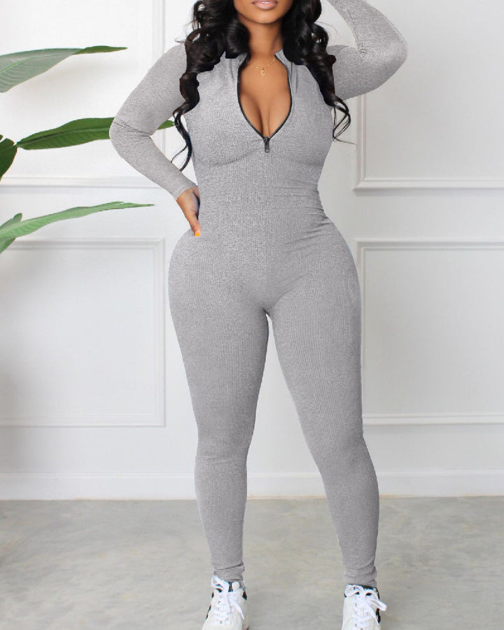 Damen Gerippter Jumpsuit mit Langen Ärmeln und Reißverschluss