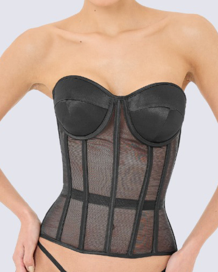 Damen Sexy Mesh Überbrust Korsett Vintage Durchsichtig Bustiers