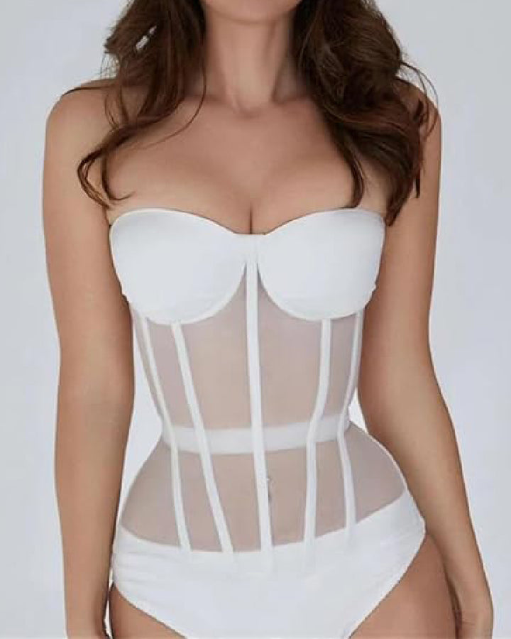 Damen Sexy Mesh Überbrust Korsett Vintage Durchsichtig Bustiers