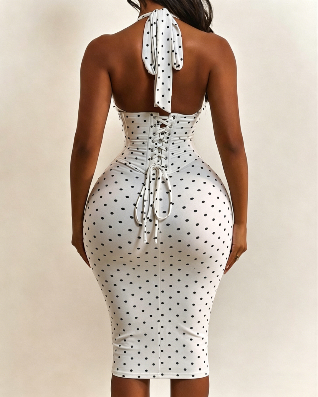 Gepunktetes Midikleid mit Korsett Halter und Schnürung am Rücken