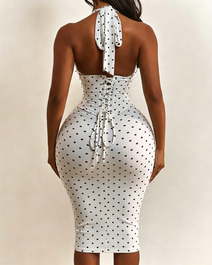 Gepunktetes Midikleid mit Korsett Halter und Schnürung am Rücken
