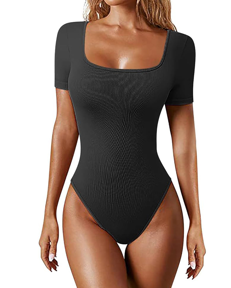 Sexy Gerippter Eckiger Ausschnitt Kurzärmeliger Kragen Tanga Bodysuit
