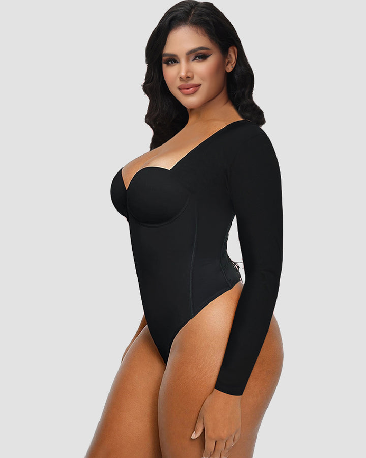 Damen Langarm Bodysuit Rücken Schnürung Bauchkontrolle