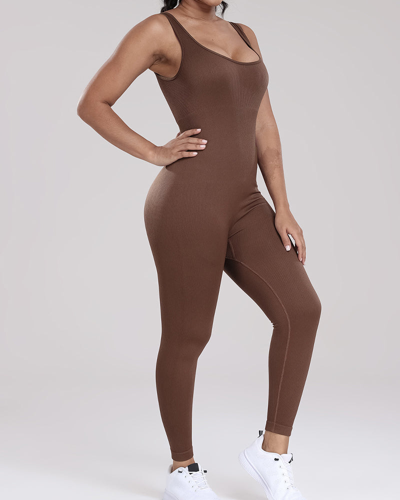 Gerippter U-Ausschnitt Ärmelloser Bodysuit Enganliegend Hochelastische Jumpsuits