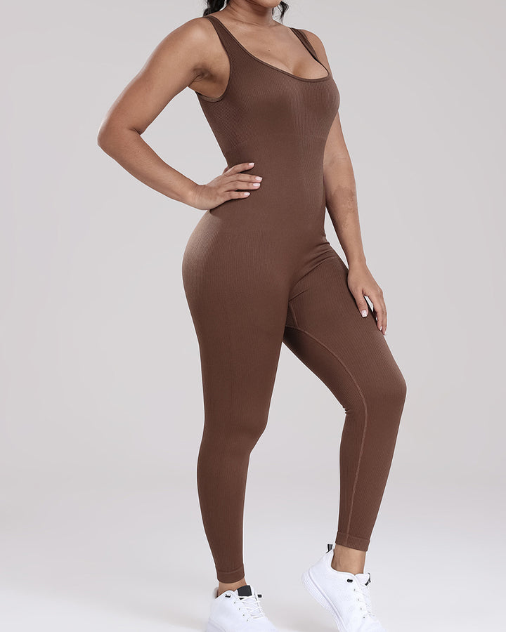 Gerippter U-Ausschnitt Ärmelloser Bodysuit Enganliegend Hochelastische Jumpsuits