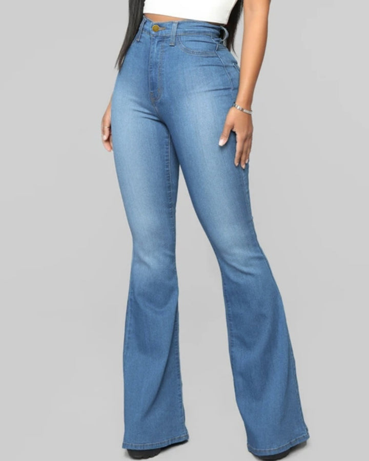 Modische Schmal Geschnittene Ausgewaschene Flare Jeans Hohe Taille Hüftlift