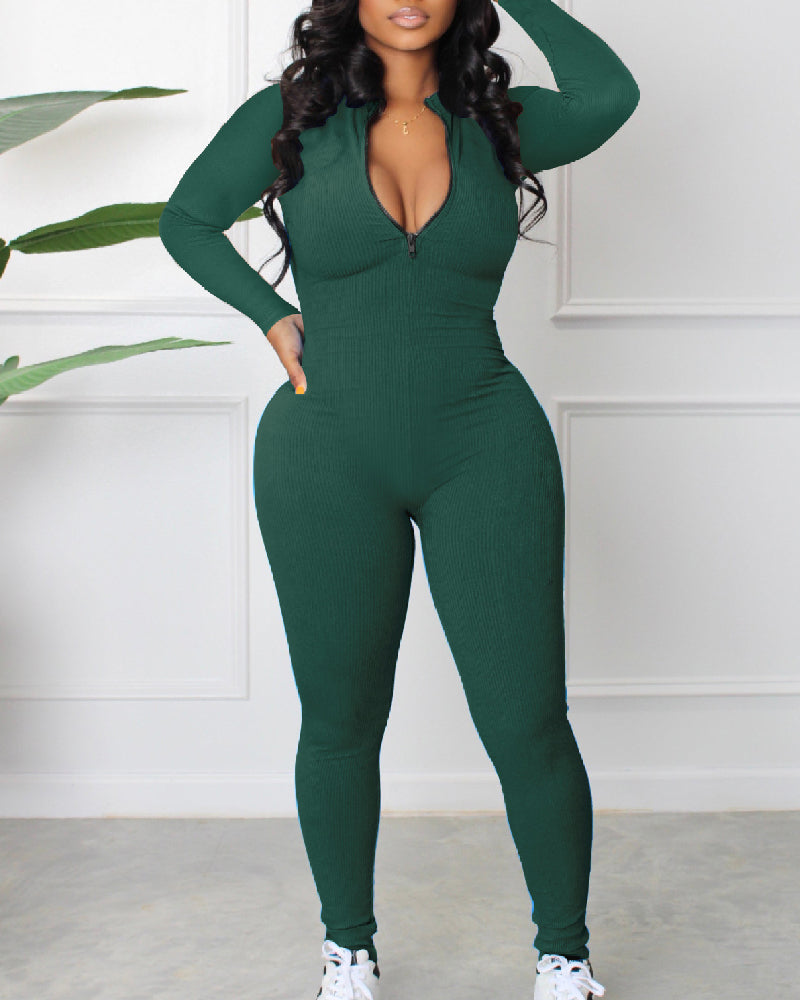 Damen Gerippter Jumpsuit mit Langen Ärmeln und Reißverschluss