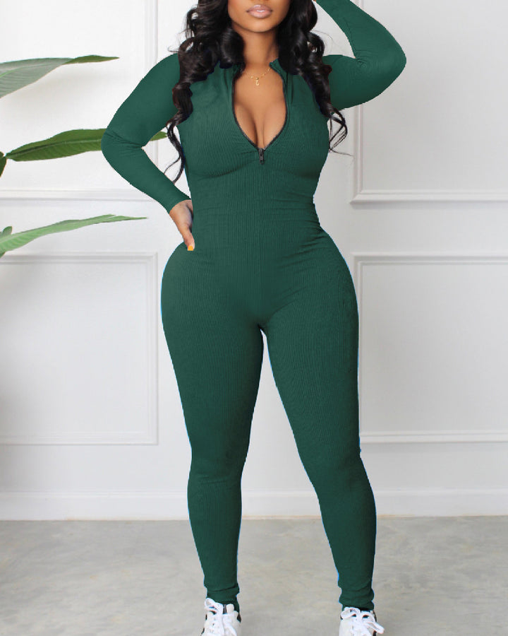 Damen Gerippter Jumpsuit mit Langen Ärmeln und Reißverschluss