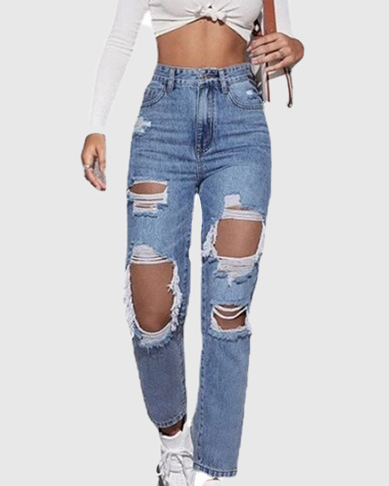 Zerrissene Verwaschene Damen Jeans Hohe Taille Gerades Bein