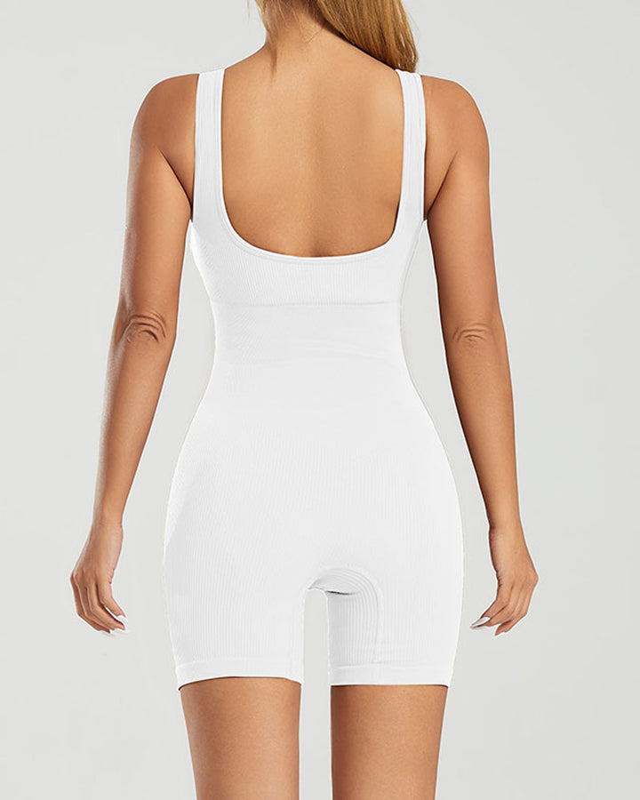 Nahtloser Gerippter Bauchkontrolle Romper Ärmelloses Tanktop Yoga Jumpsuit