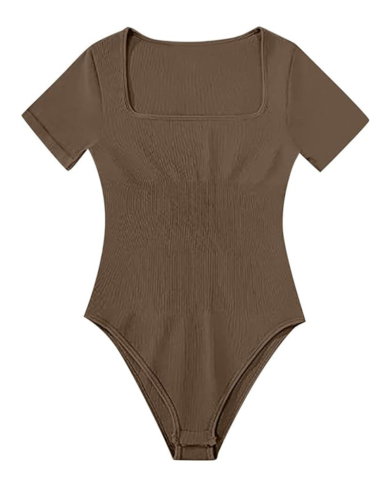 Sexy Gerippter Eckiger Ausschnitt Kurzärmeliger Kragen Tanga Bodysuit