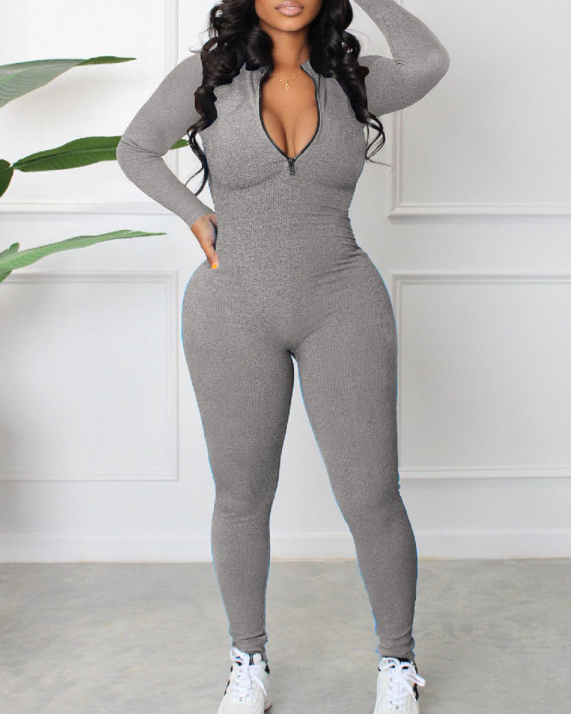 Damen Gerippter Jumpsuit mit Langen Ärmeln und Reißverschluss