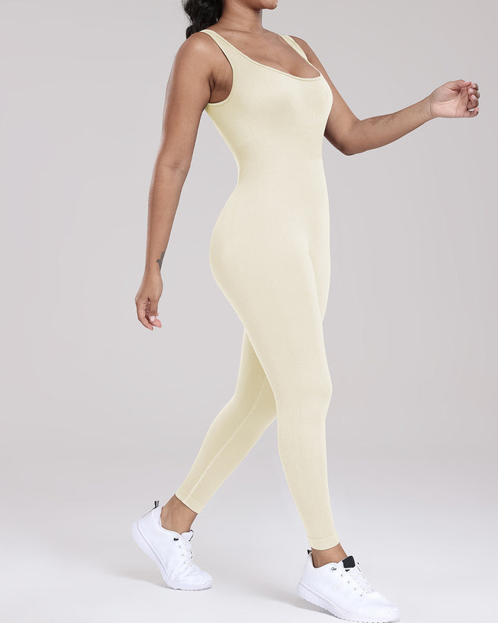 Gerippter U-Ausschnitt Ärmelloser Bodysuit Enganliegend Hochelastische Jumpsuits