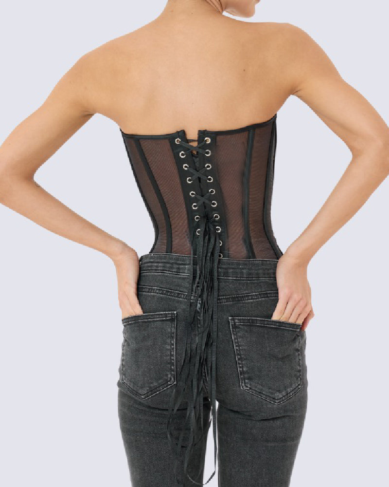Damen Sexy Mesh Überbrust Korsett Vintage Durchsichtig Bustiers