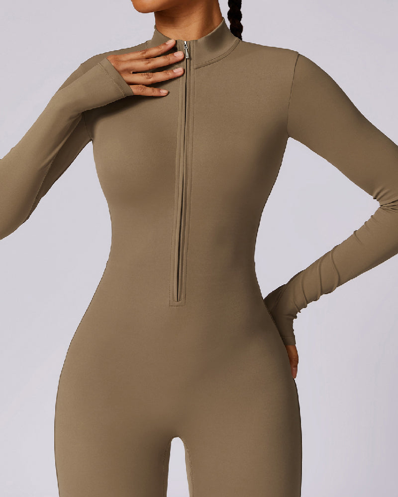 Einteiliger Athleisure Jumpsuit Lange Ärmel Frontreißverschluss Voll Bodysuit