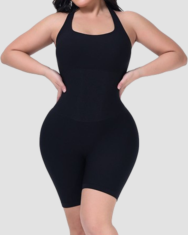 Gerippter Neckholder Racerback Shapewear Bauchweg Po Lift Mittlerer Oberschenkel Bodysuit