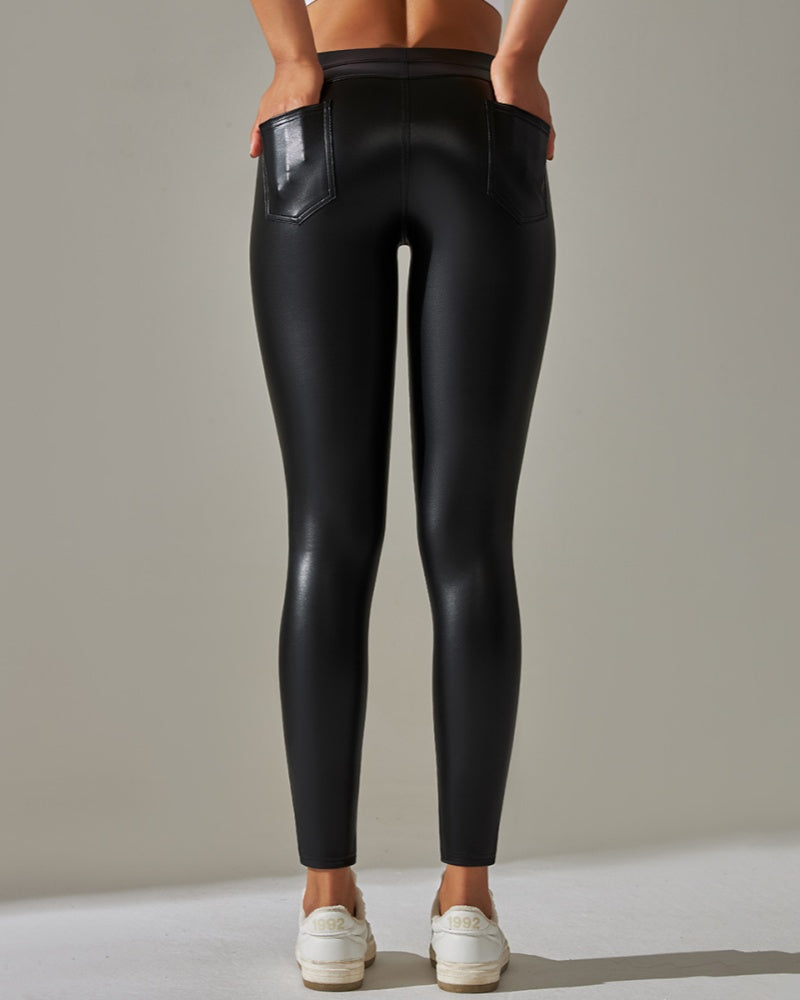 PU Lederhose Hohe Taille Enge Sport Yogahose Schmal