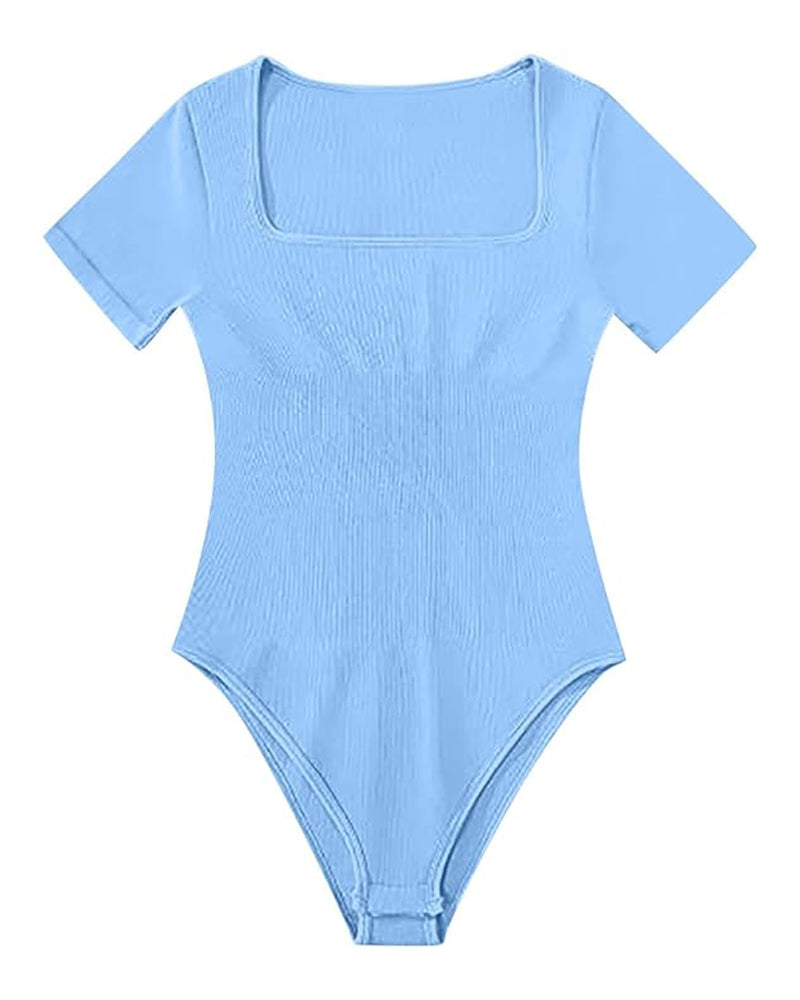 Sexy Gerippter Eckiger Ausschnitt Kurzärmeliger Kragen Tanga Bodysuit