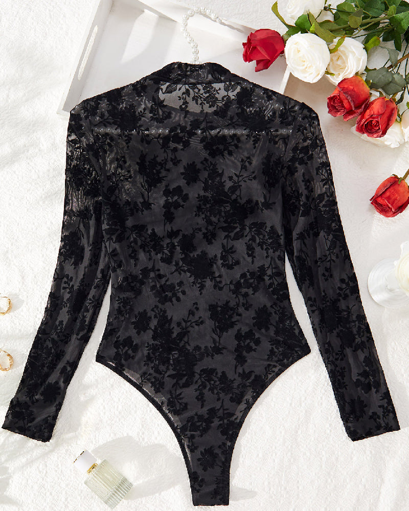 Sexy Mesh Beflockter Transparenter Stehkragen Lange Ärmel Bodysuit