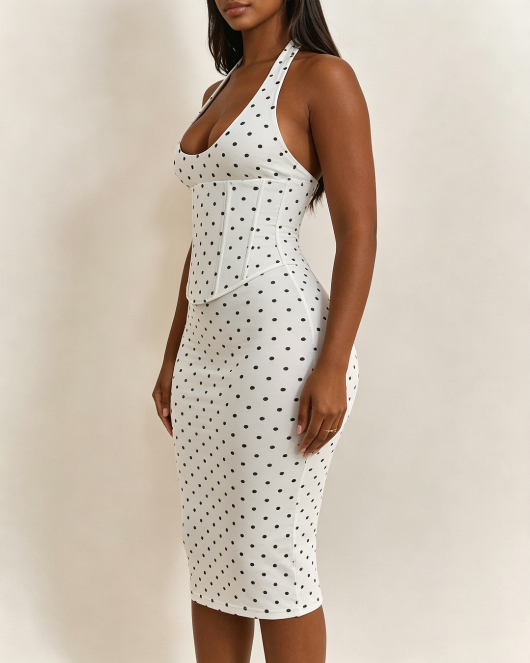 Gepunktetes Midikleid mit Korsett Halter und Schnürung am Rücken