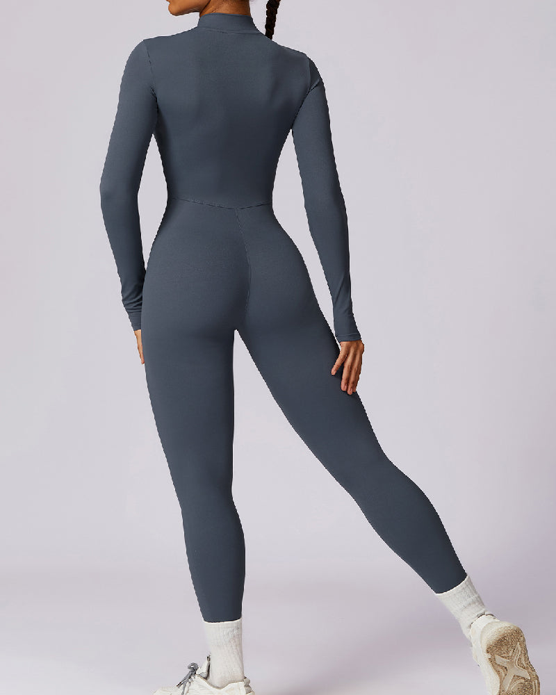 Einteiliger Athleisure Jumpsuit Lange Ärmel Frontreißverschluss Voll Bodysuit