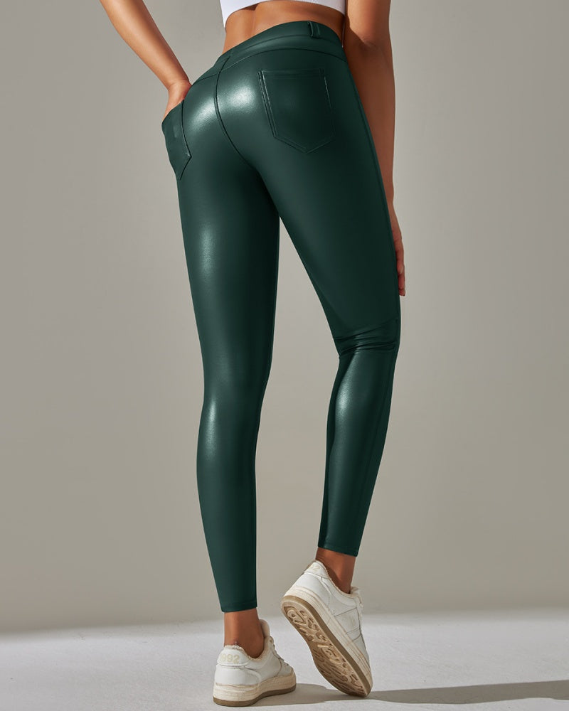 PU Lederhose Hohe Taille Enge Sport Yogahose Schmal