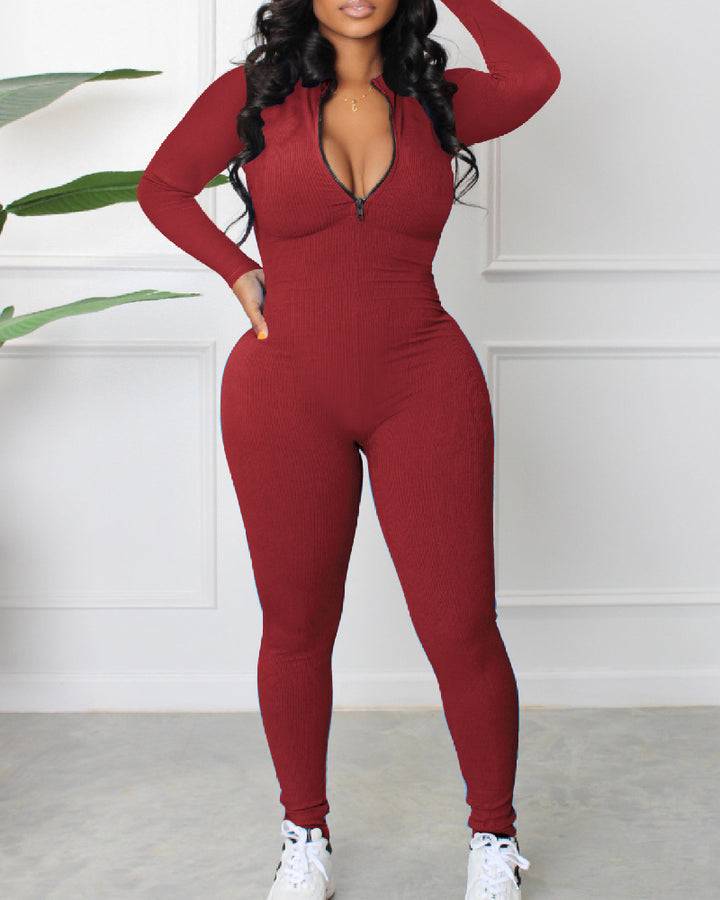 Damen Gerippter Jumpsuit mit Langen Ärmeln und Reißverschluss