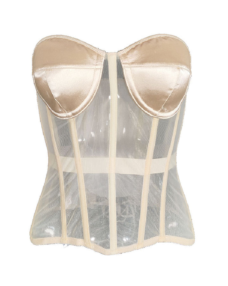 Damen Sexy Mesh Überbrust Korsett Vintage Durchsichtig Bustiers