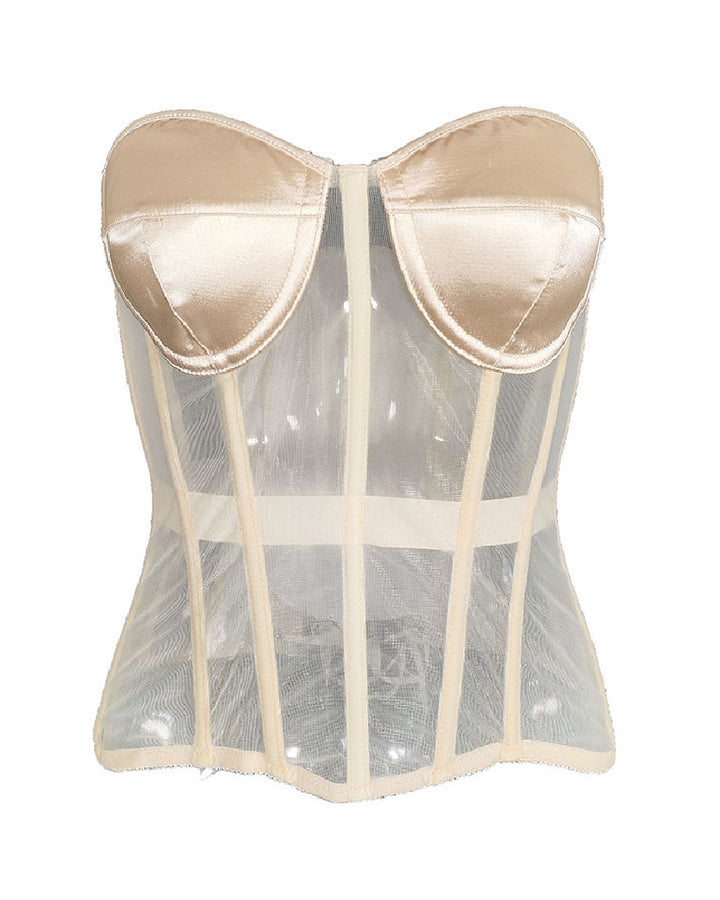 Damen Sexy Mesh Überbrust Korsett Vintage Durchsichtig Bustiers