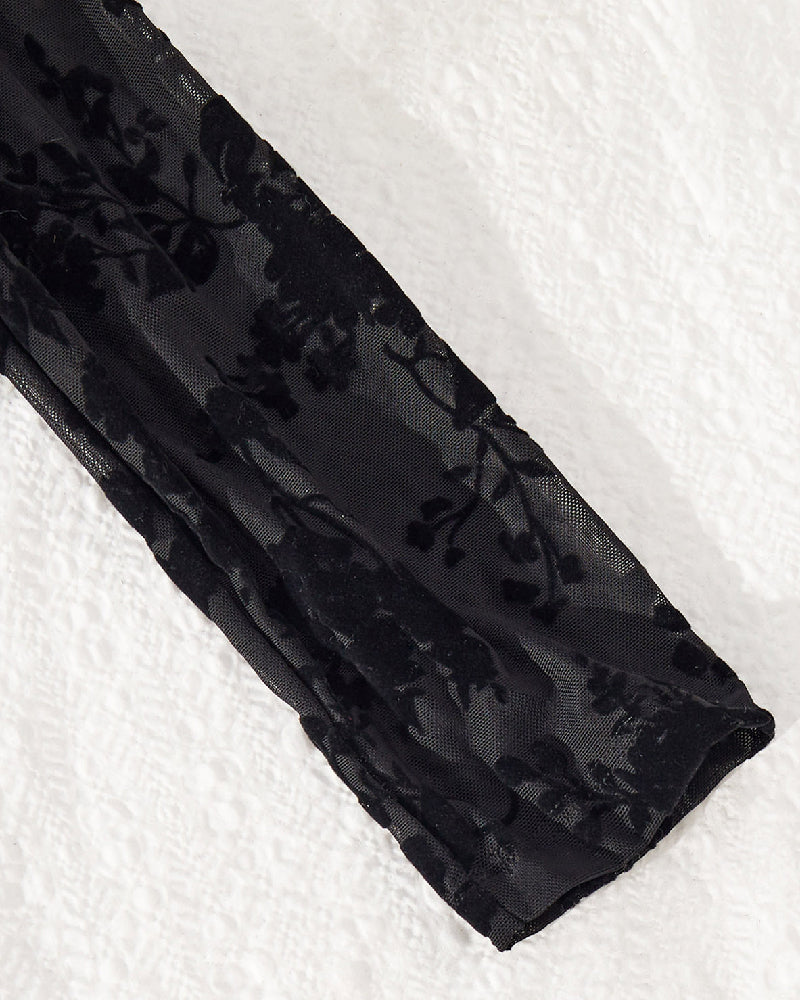 Sexy Mesh Beflockter Transparenter Stehkragen Lange Ärmel Bodysuit