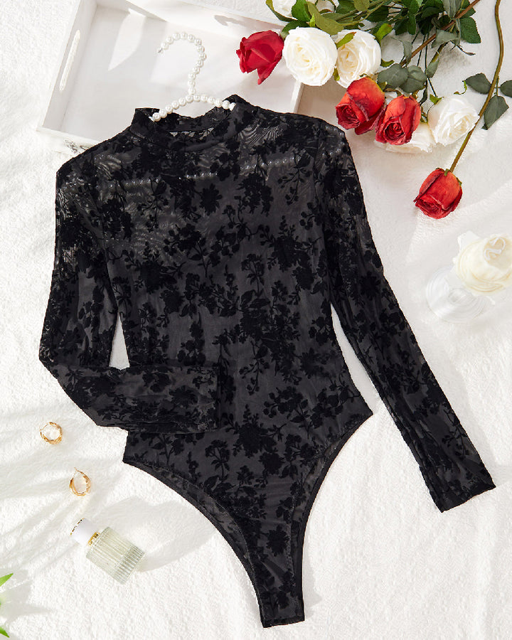 Sexy Mesh Beflockter Transparenter Stehkragen Lange Ärmel Bodysuit