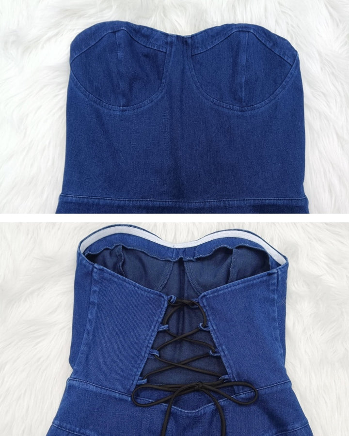 Shapshe® Damen Bandeau Jeans Schmaler Bindeband Hinten Jumpsuit