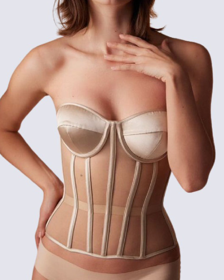 Damen Sexy Mesh Überbrust Korsett Vintage Durchsichtig Bustiers
