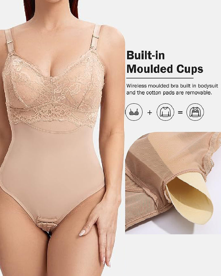 Nahtloser Spitzen Bodysuit Bauchkontrolle Tanga Shapewear mit BH