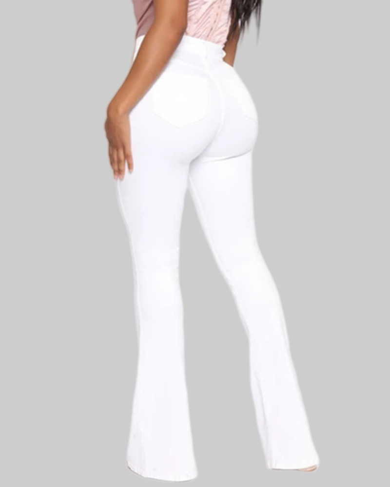 Modische Schmal Geschnittene Ausgewaschene Flare Jeans Hohe Taille Hüftlift