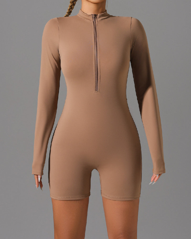 Nahtloser Stehkragen Jumpsuit mit Langen Ärmeln und Reißverschluss