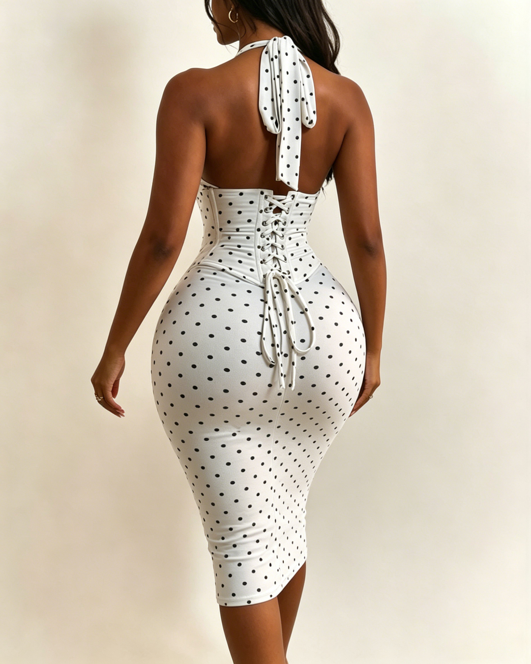 Gepunktetes Midikleid mit Korsett Halter und Schnürung am Rücken