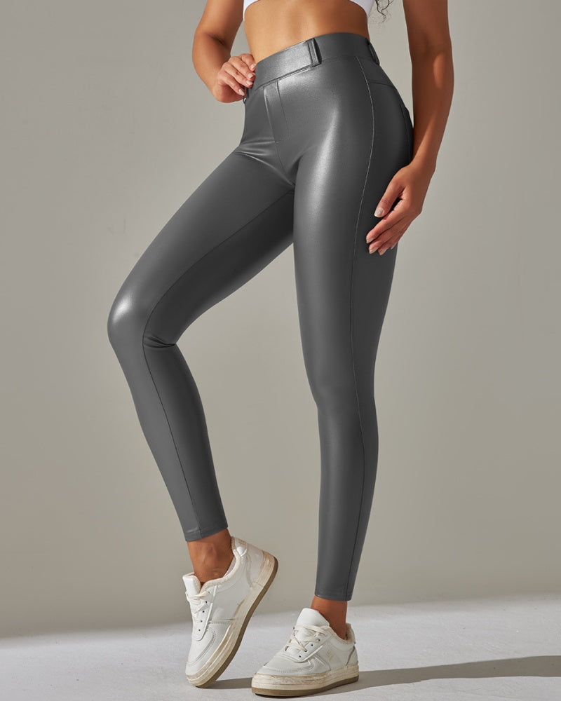 PU Lederhose Hohe Taille Enge Sport Yogahose Schmal