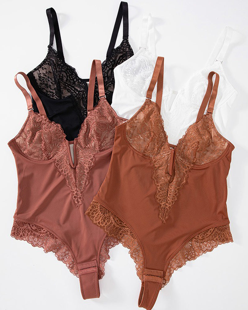 Sexy Spitzen Tanga Body mit V Ausschnitt Rückenfrei mit Bauchkontrolle