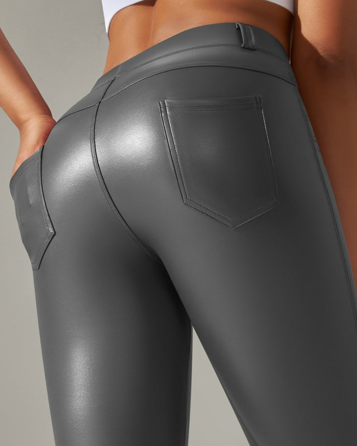 PU Lederhose Hohe Taille Enge Sport Yogahose Schmal