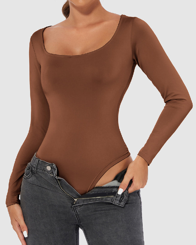 Damen Nahtloses Langarm Tanga Bodysuit mit Quadrat Ausschnitt