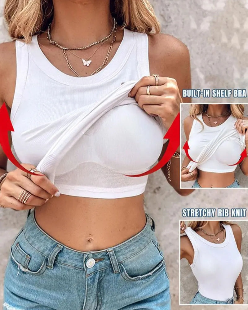 Gerippte Weste Rundhalsausschnitt mit Brustpolster Padded Tops