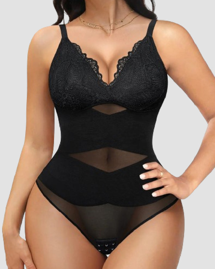 Damen Bauchweg V Ausschnitt Tanga Korsett Spitze Bodysuit