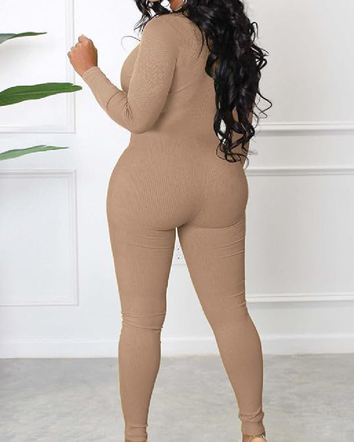 Damen Gerippter Jumpsuit mit Langen Ärmeln und Reißverschluss
