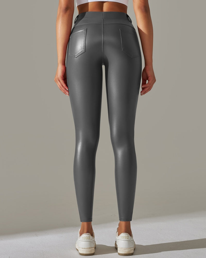 PU Lederhose Hohe Taille Enge Sport Yogahose Schmal