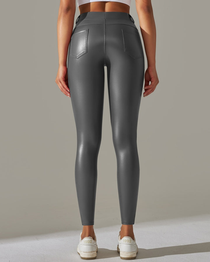 PU Lederhose Hohe Taille Enge Sport Yogahose Schmal